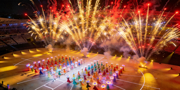 世界杯开幕式彩排现场盛况 - 烟花与表演者